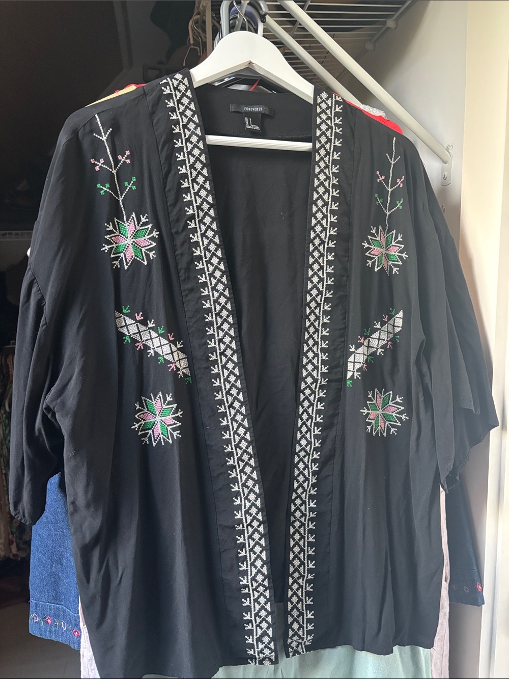 Forever 21 Black Embroidered Open-Front Boho Short kimono